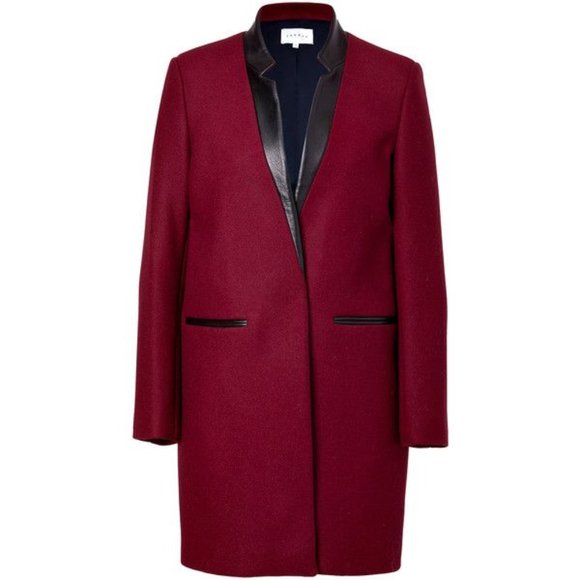 Sandro Jackets & Blazers - SANDRO Red Wine Wool Leather Trim Coat 38